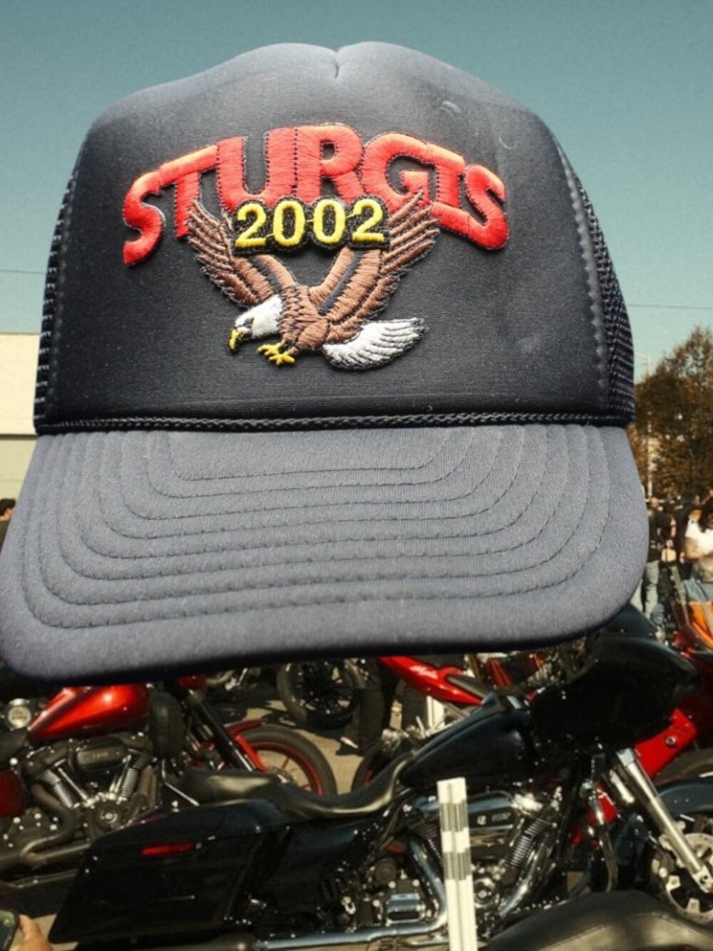 Sturgis 2002 Snapback Trucker Hat Black Rope Nissin Vintage Biker week